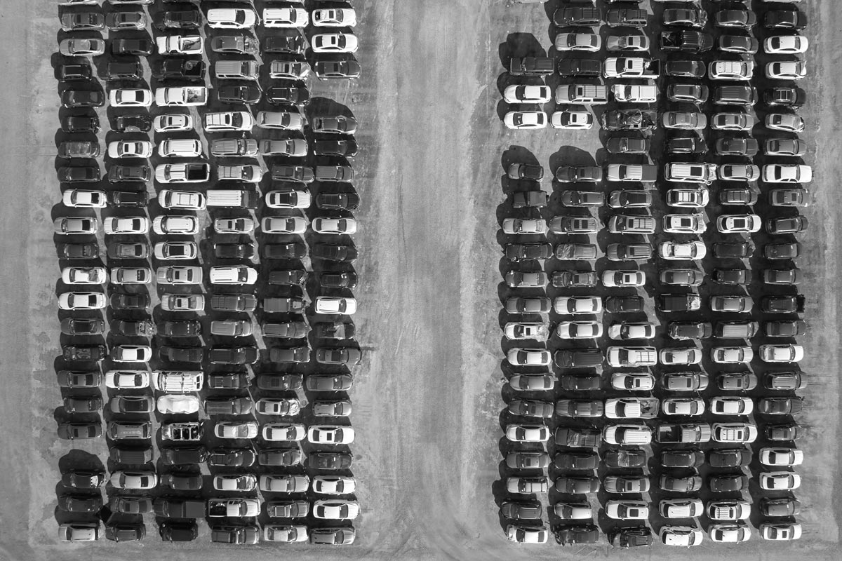 Car auction illustration image – aerial view of a car lot